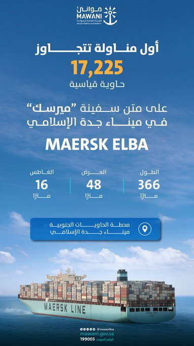 ميناء جدة يسجل إنجازًا تاريخيًا بتجاوز 17 ألف حاوية على متن سفينة ميرسك