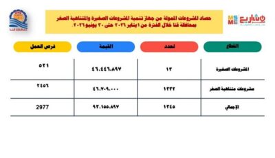 93 مليون جنيه لتمويل مشروعات صغيرة ومتناهية الصغر من بداية يناير وحتى نهاية يونيو 2026 بقنا