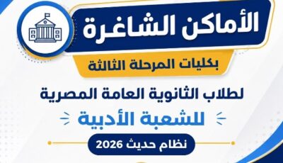 التعليم العالي تعلن عن الأماكن الشاغرة لطلاب المرحلة الثالثة من تنسيق الجامعات 2026 أدبي
