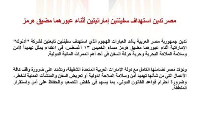 مصر تدين استهداف سفينتين إماراتيتين أثناء عبورهما مضيق هرمز