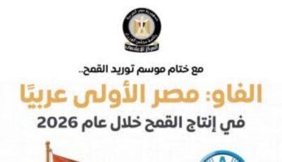 مصر الأولى عربيا في إنتاج القمح خلال عام 2026 وفقا لتقديرات “الفاو”