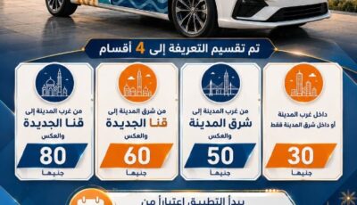 بدءًا من 10 سبتمبر.. توحيد تعريفة التاكسي وإلغاء العدادات داخل مدينة قنا